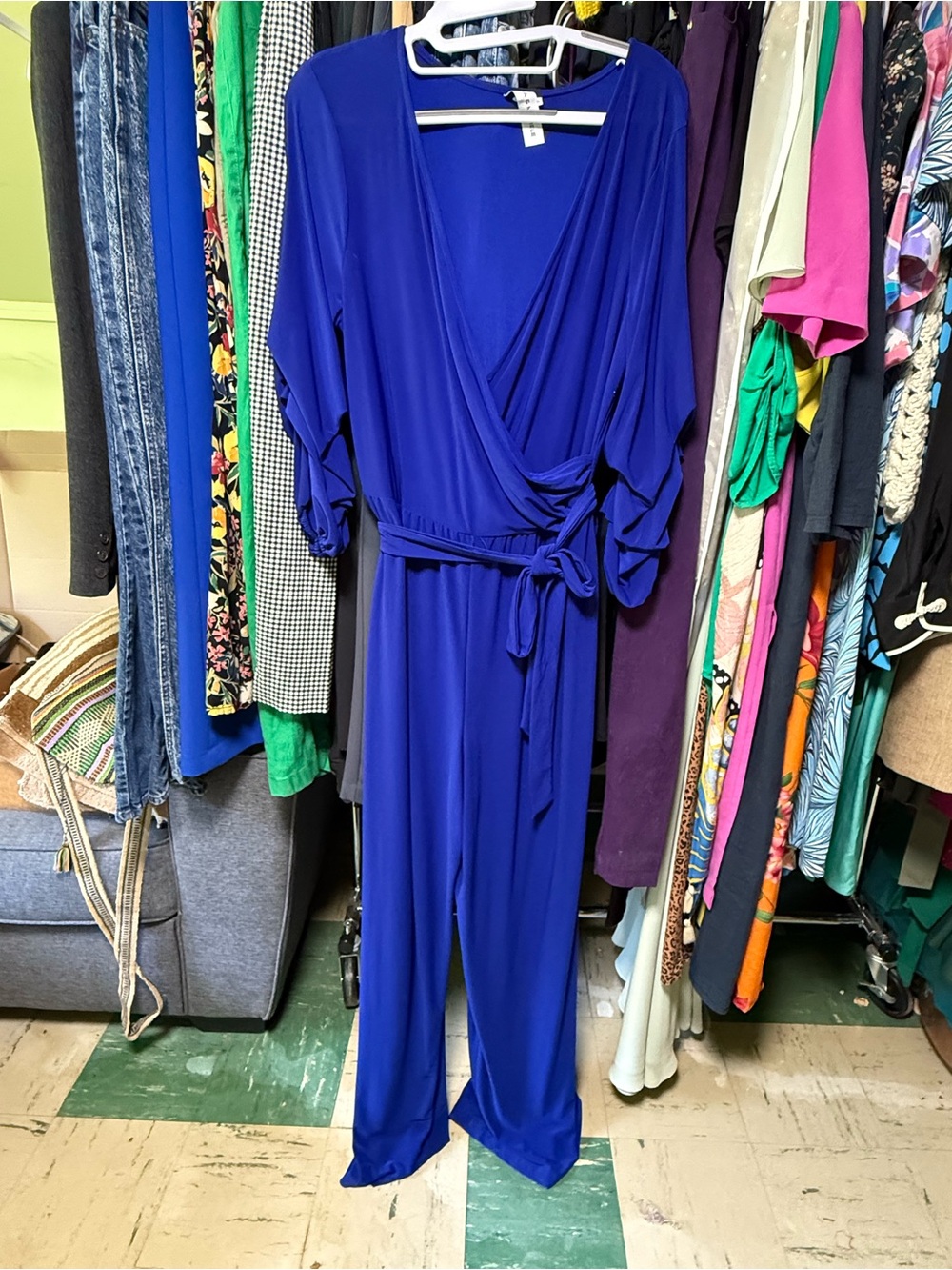 Emma & Michele Cobalt Wrap Jumpsuit with Self-Tie Waist